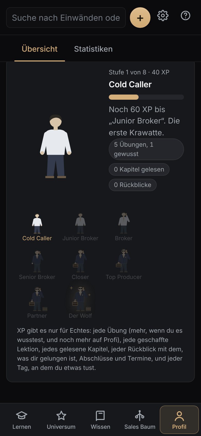 Das Profil mit der Figur und den Karrierestufen
